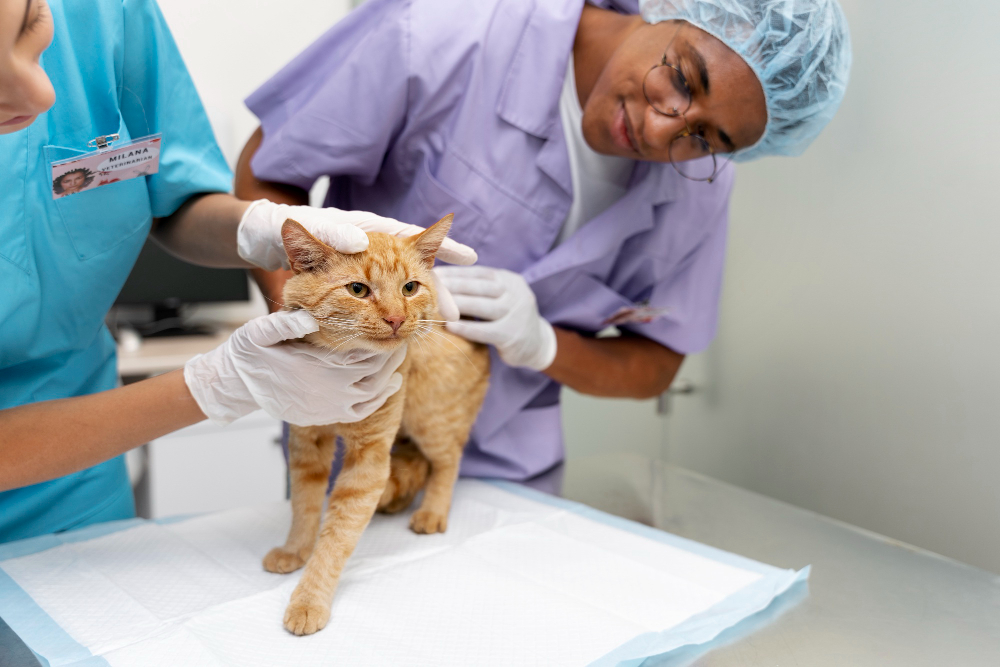 State-of-the-art surgical suite with a veterinarian preparing for pet surgery