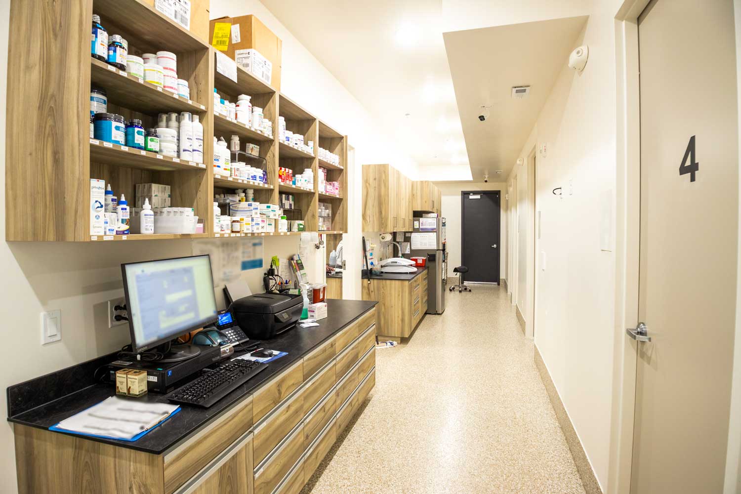 Veterinary pharmacy and treatment workstation at Mtn. Green Animal Hospital